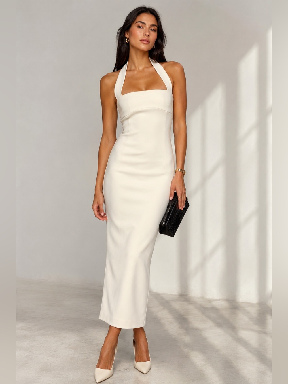 MESHKI Amelita Halter Midi Dress Ivory Formal Cocktail Wedding Guest Size M NWT